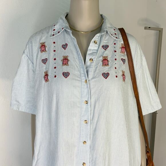 Vintage 90s Stripped Gingham Teddy Bear Short Sleeve Button Shirt 2X Grandmacore - Picture 1 of 7